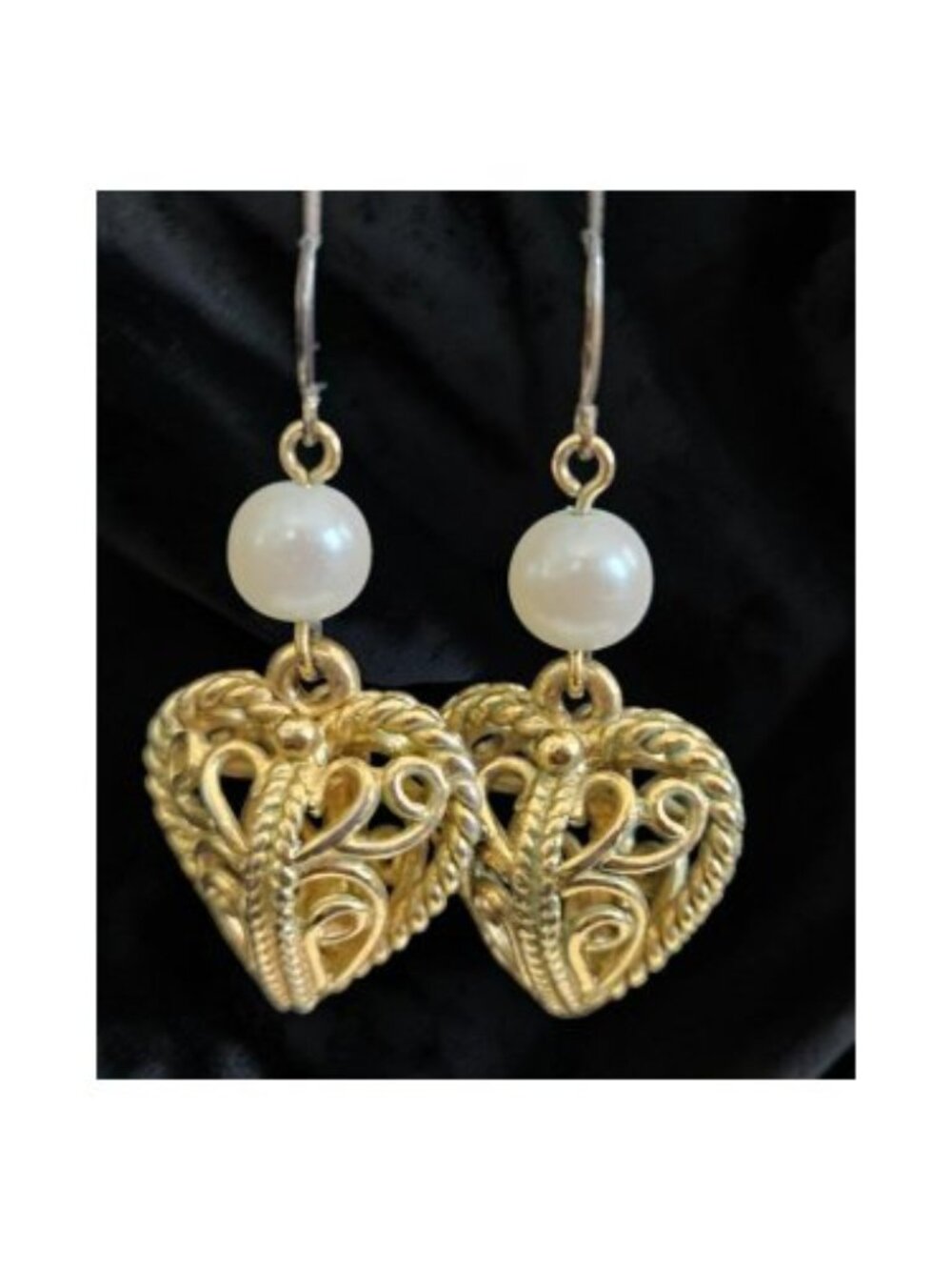 Antiqued Pearl and Gold 3D Caged Heart Dangle Earrings
